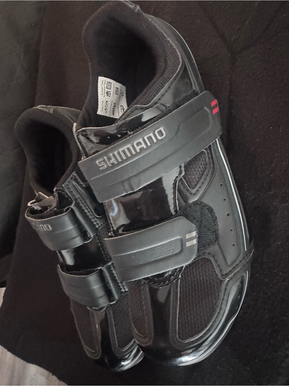Shimano Men's Black Cycling Shoes with Dual Velcro Straps and Subtle Red Accent